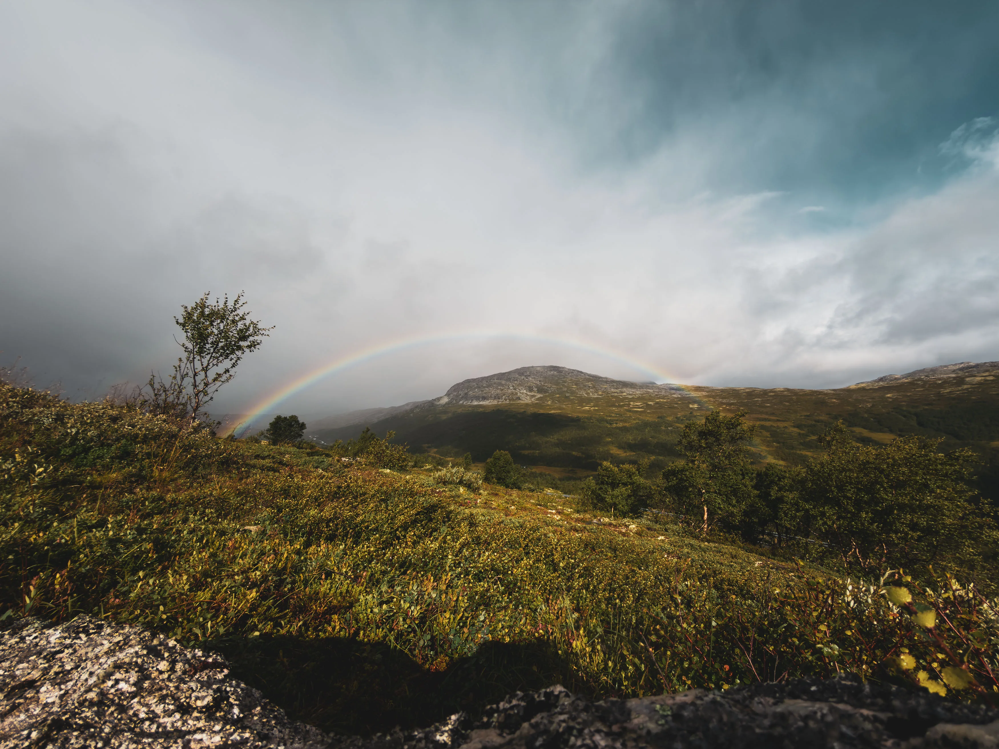 Regenbogen über einer weiten norwegischen Landschaft unter dunklen Wolken