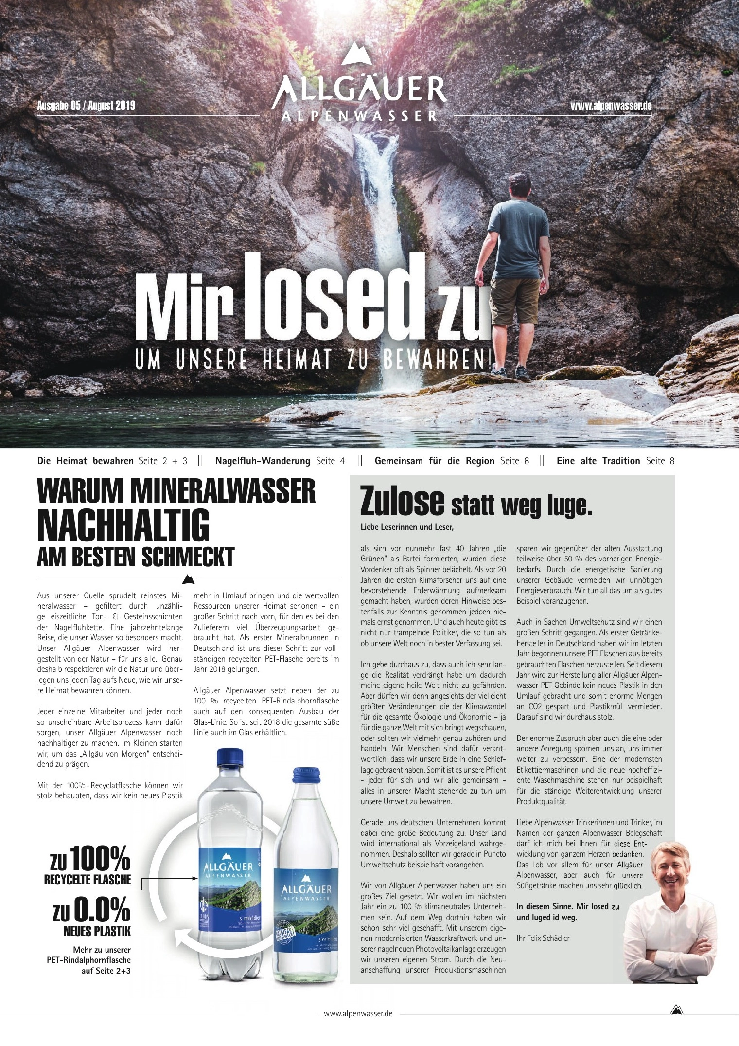 Titelseite der Allgäuer Alpenwasser Zeitung 2019 mit Wanderer vor einem Wasserfall in einer Felsschlucht