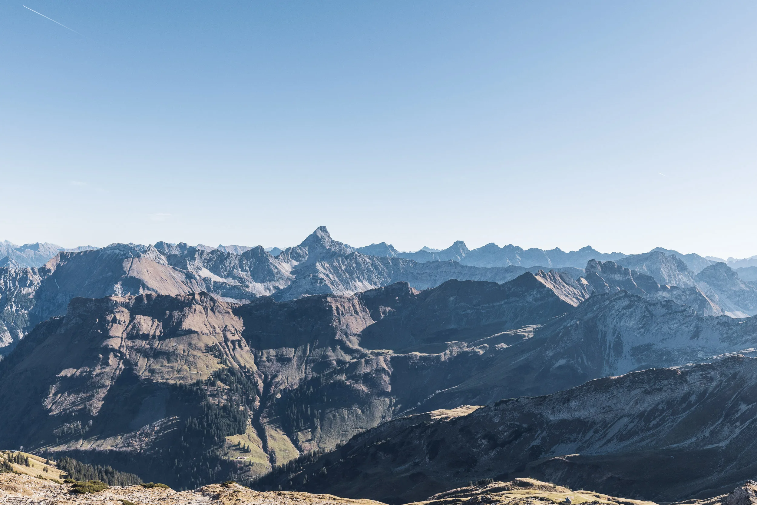 Ein weites Panorama zeigt bewaldete Täler und schroffe Gipfel rund um Oberstdorf.