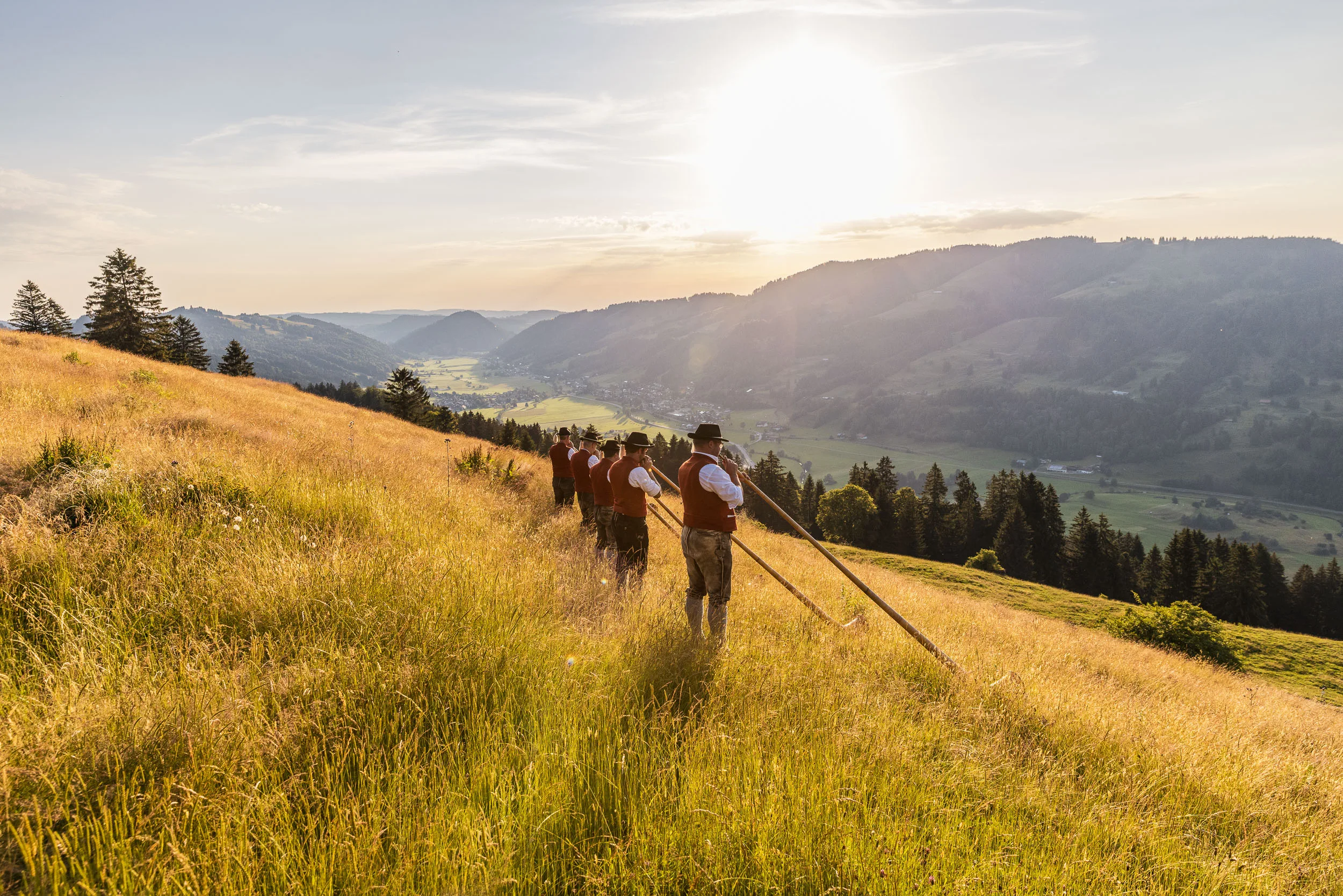 Alphornbläser auf einer sommerlichen Bergwiese über dem Allgäu im warmen Abendlicht.