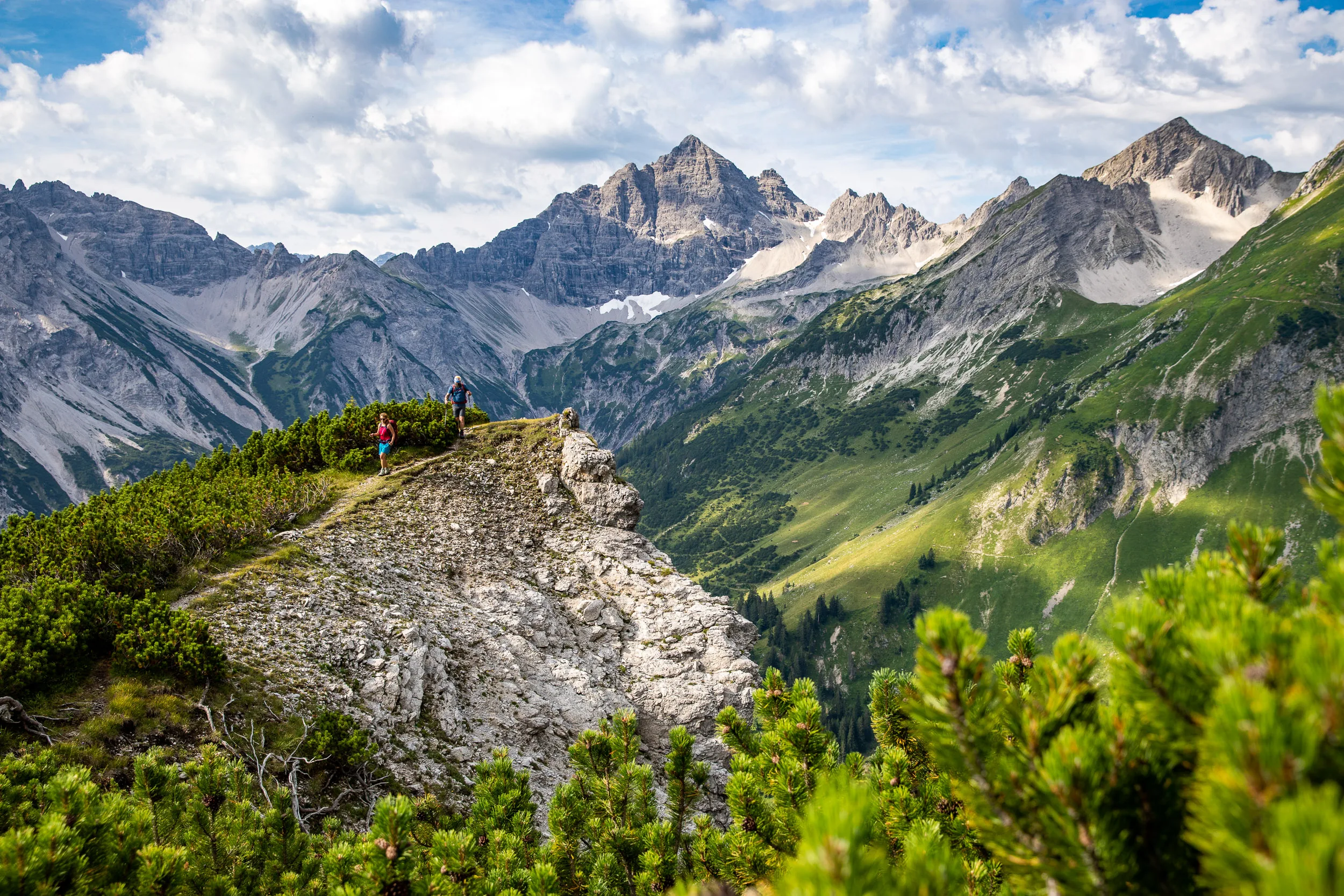 Helle Kalkfelsen ragen über grüne Hänge in den Allgäuer Alpen