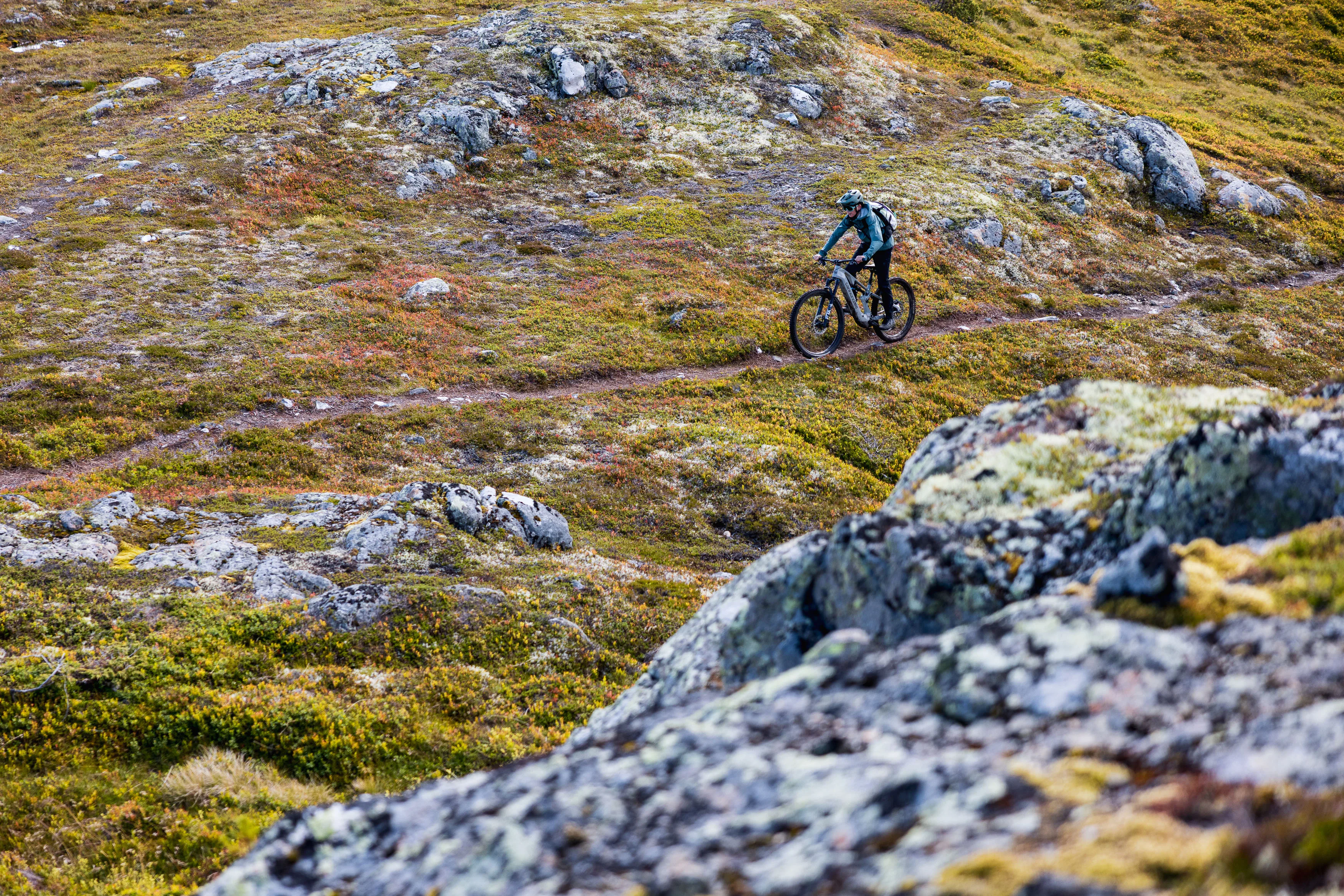 Mountainbiker quert eine weite felsige Hochebene zwischen Flechten und niedriger Vegetation