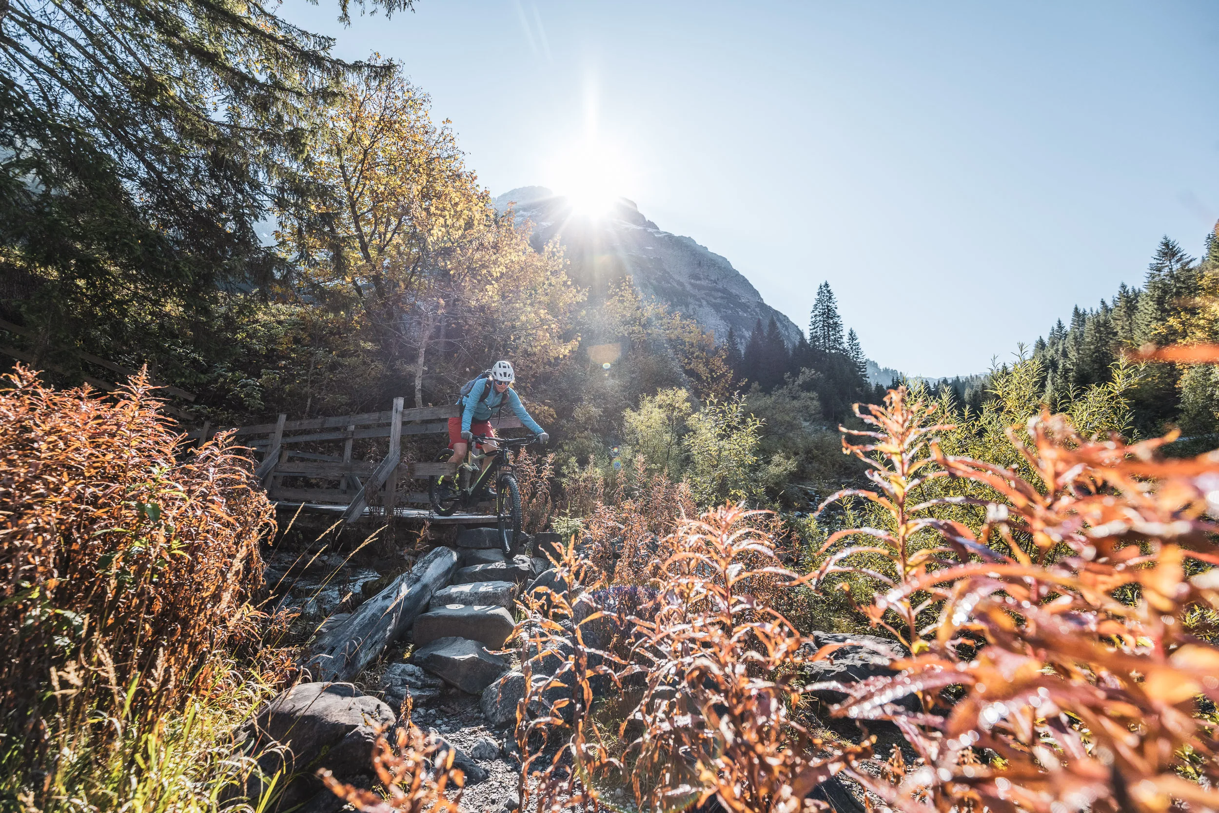 Andrea Geiger fährt mit dem Mountainbike über eine Holzbrücke im herbstlichen Wald