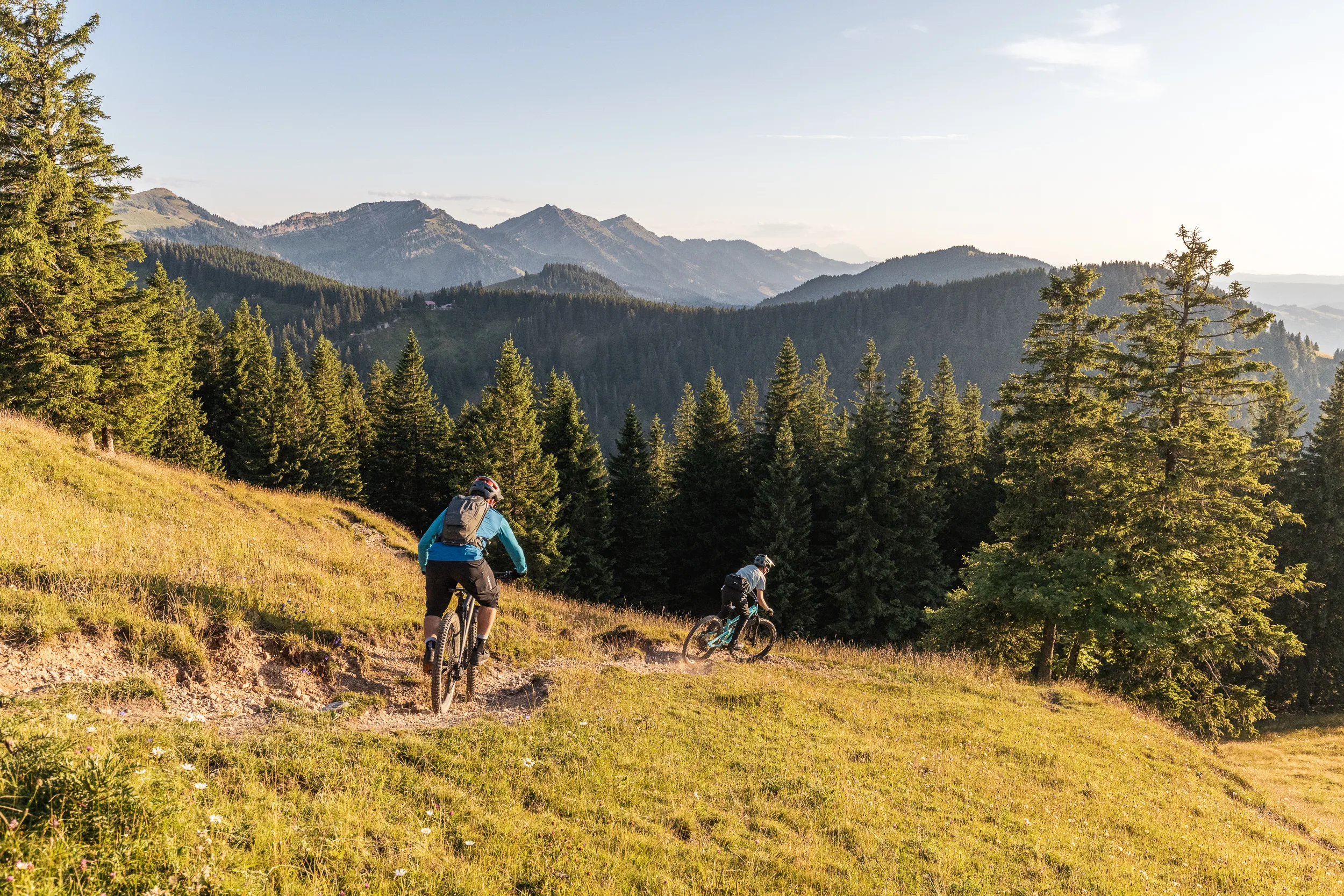 Zwei Mountainbiker folgen dem Wiesenpfad bergab vor den Allgäuer Gipfeln