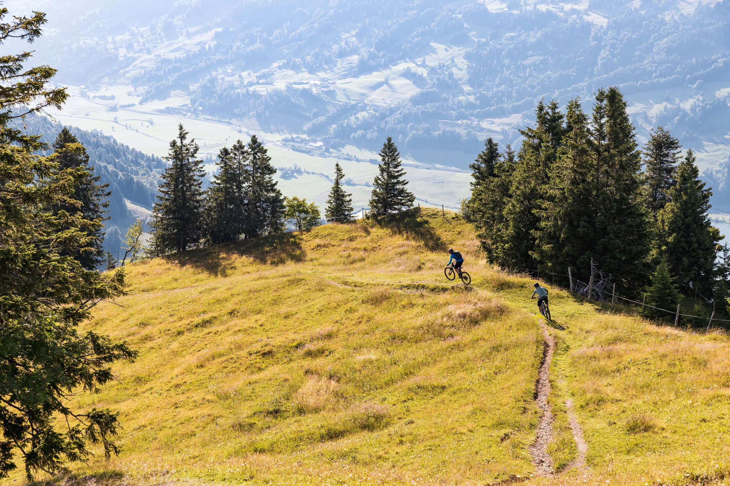 Zwei Mountainbiker wählen getrennte Linien auf einem schmalen Wiesenpfad