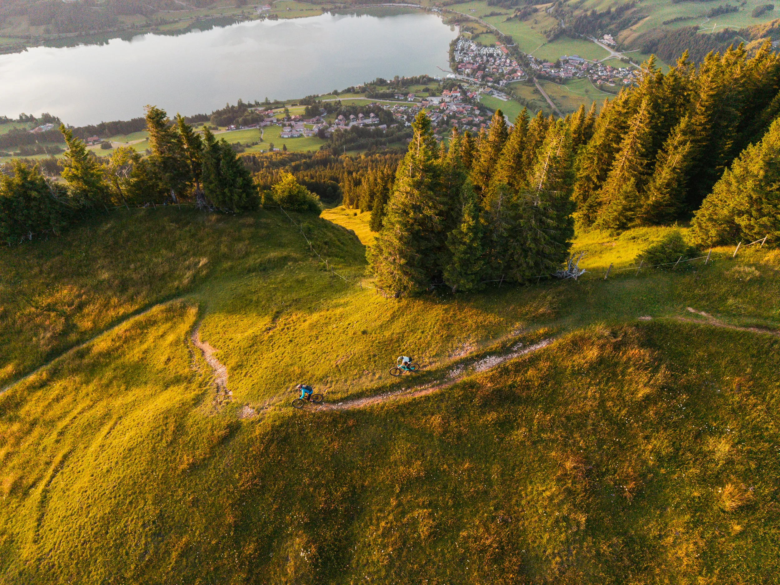 Zwei Mountainbiker durchfahren eine weite Kurve oberhalb von Immenstadt und Alpsee