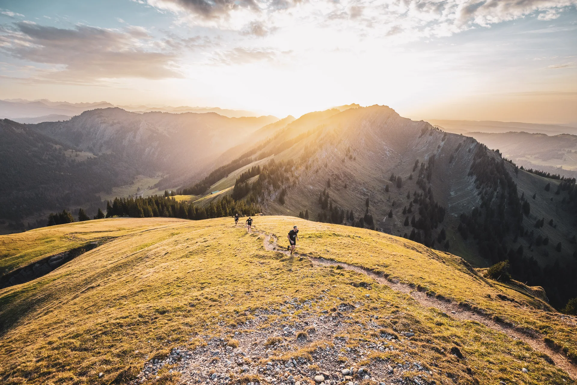 Trailrunner laufen auf einem sonnigen Grat mit Rindalphorn im Hintergrund