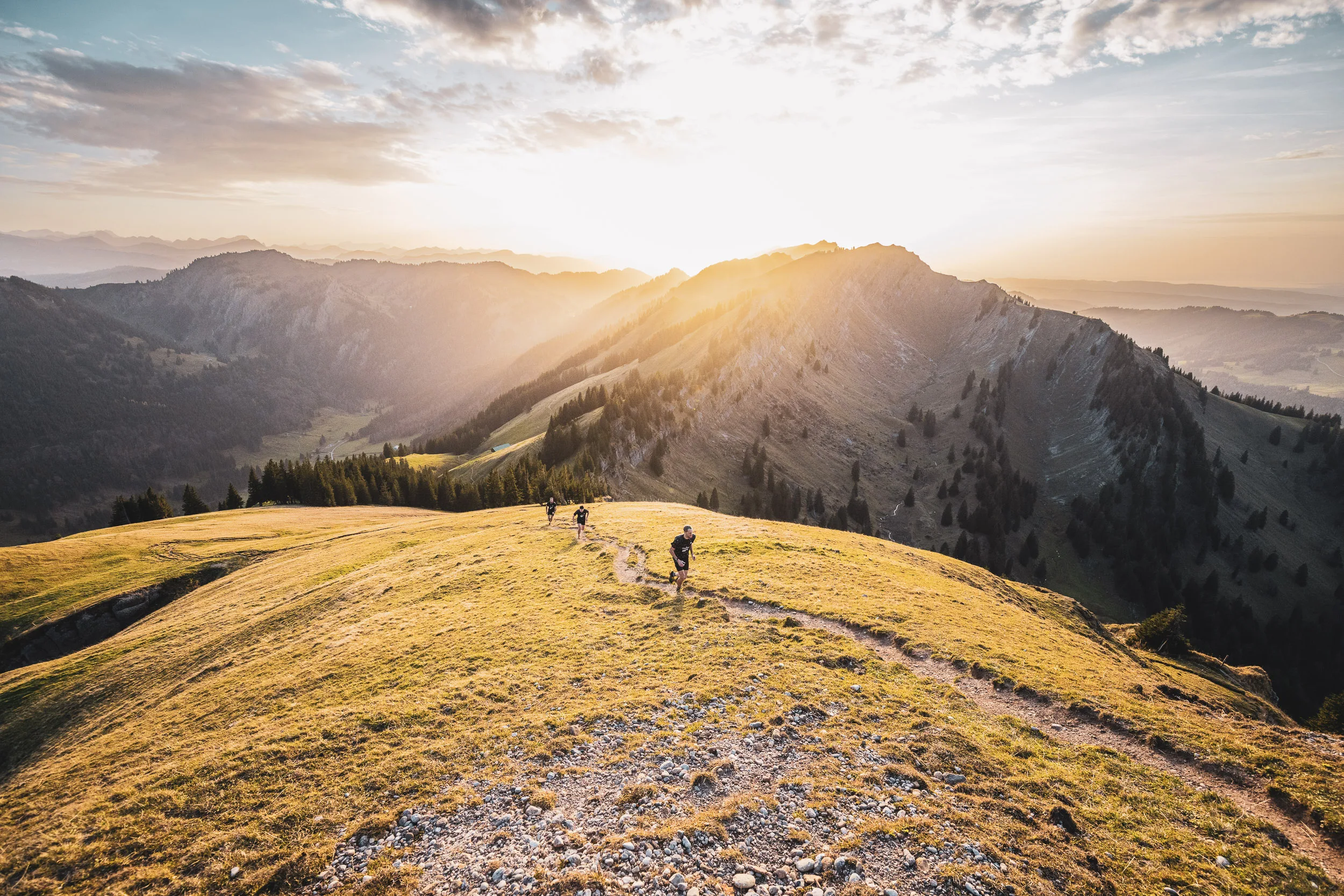 Trailrunner laufen auf einem sonnigen Grat mit Rindalphorn im Hintergrund