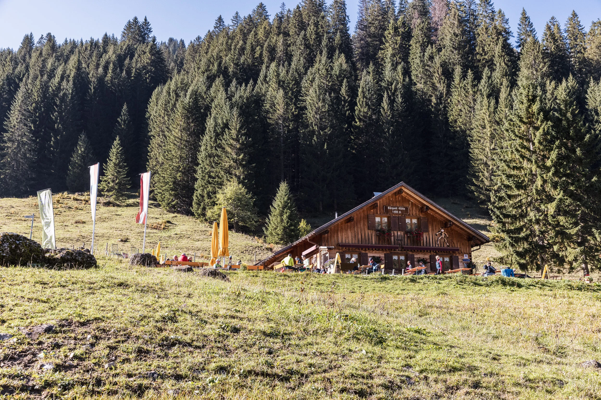 Berghütte am Waldrand unter herbstlichen Bergwiesen im Kleinwalsertal