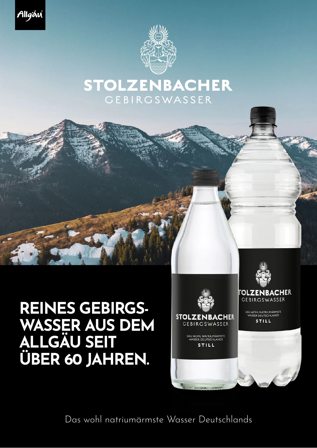 Titelseite der Stolzenbacher Gebirgswasser Broschüre mit Allgäuer Berglandschaft und Wasserflaschen