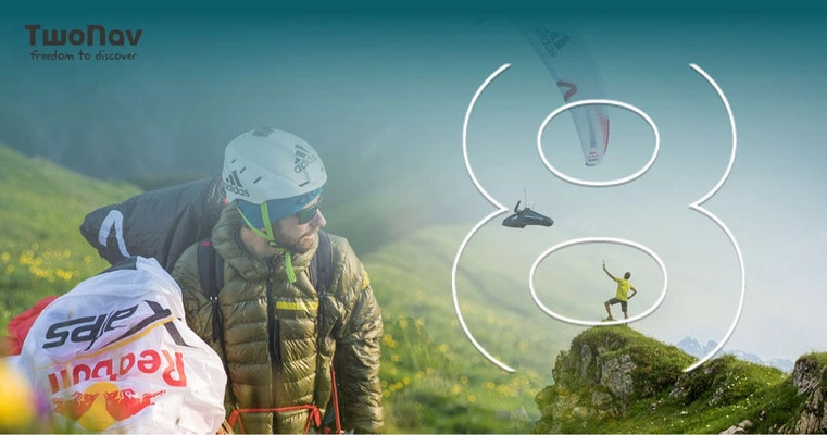 TwoNav Kampagnenmotiv mit Gleitschirmpilot in alpiner Landschaft und grafischer Flugroute